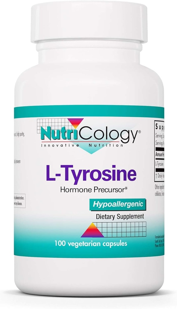 Nutricology L- Tyrosin - Brain Support, Hormone Precursor, Gratis form Aminosyre, 500mg supplement, Thyroid Support Kapsler - 100 Tæl