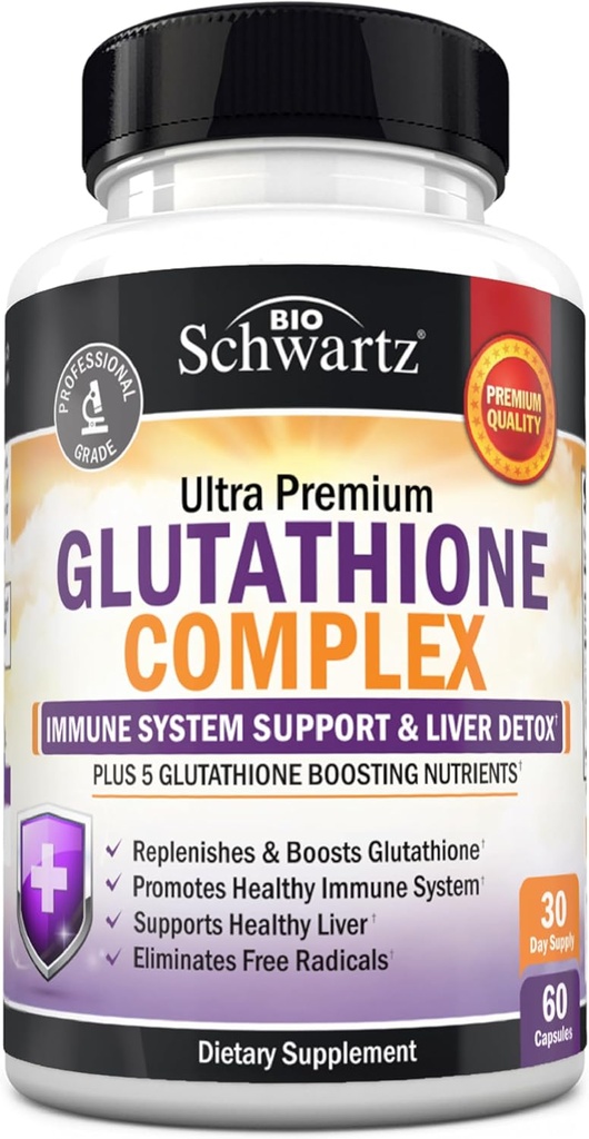 BioSchwartz Glutathione Supplement 500mg - Lever Detox med Quercetin, C-vitamin, mælk tidsel, Alpha Lipoic Acid - Immunity Support Pill - Enhanced Immunity Defense Health Formel - 60 kapsler