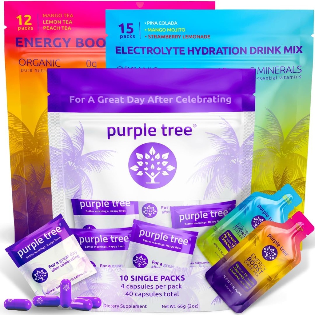 lilla træ Premium 3x1 Combo: efter-Celebration Wellness Pills, Organic Hydration, Næste dag Energy Stick Pakker Budd124; 10 Party Bag Kits for bedre morgener & glade lever, bryllupper, Rejser, Bachelorette