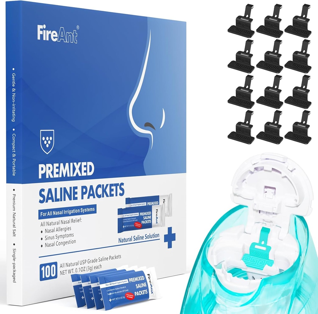 FireAnt 100 Saline Packets and 12 Reusable Saline Pods Refills Set, Compatible with Navage Nasal Care - Includes 100 Count Salt Packets Sinus Rinse + 12 Pack Silicone Salt Pads Refill in Black