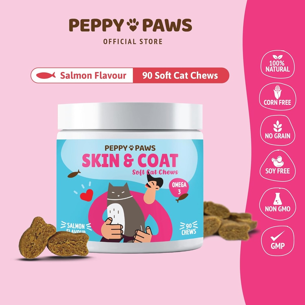 Hud & Coat Chews for Katte - 90 Soft Chews Mead124; Laks Flavor Mead124; med Omega 3, Vitaminer & Biotin Supplement Mead124; Understøtter Shiny Coat, Reduces Shedding & Itching Mead124; for Kat Dandruff & Allergy Relief