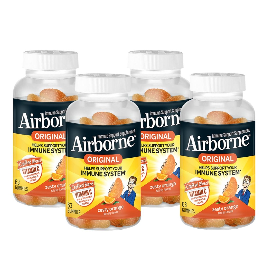 Airborne 750mg C-vitamin immunsupport Gummies for voksne, Zeress Orange Flavor, Gluten Free Crafted Blend med stærke antioxidanter Vitaminer A C & E, 63 Gummies (4 Pack)