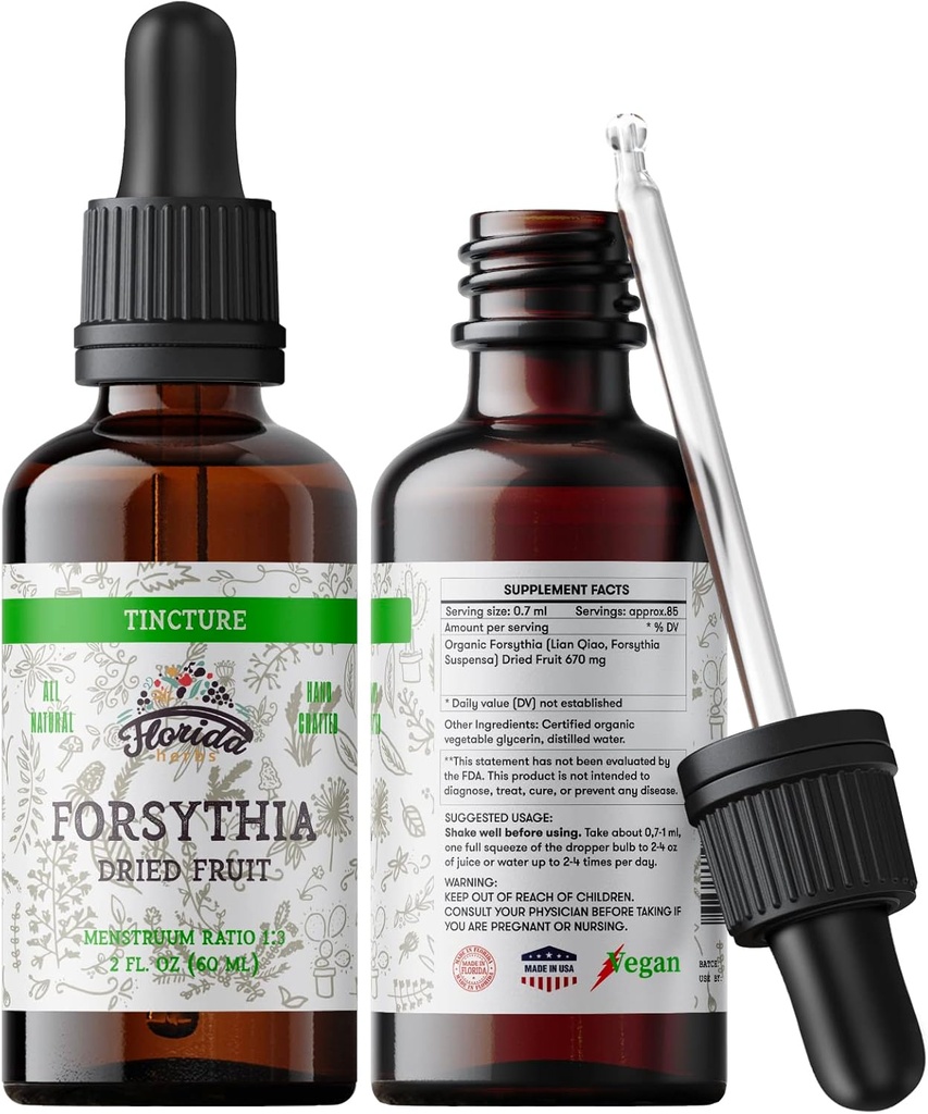 Forsythia Tincture, Organic Forsythia Extract (Lian Qiao, Forsythia Suspensa) Health Supplement, Non- GMO i Cold- Pressed Organic Vegetabilsk Glycerin 2 oz, 670 mg