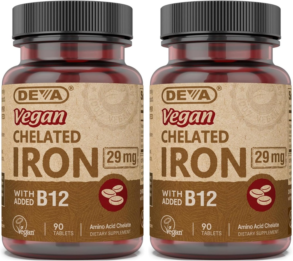 DEVA Nutrition Vegan Chelated Iron 29 mg Forgyldt med B- 12 - Høj potens, Let at synke - 90 tabletter, 2 - Pack
