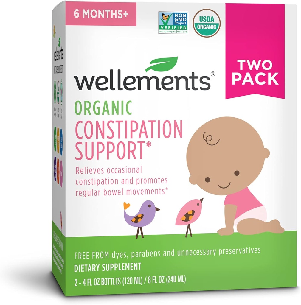 Wellows Organic Baby Constipation Support Relieves Occasional Constipation for Spædbørn & Toddlers, No Harsh Laxatives, USDA Certified Organic, 4 Fl Oz (Pack of 2), 6 Months +