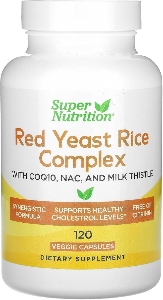 Super Nutrition Red Yeast Rice Complex med Organic Red Yeast Rice, N-Acetyl Cysteine, Coenzym Q10, og Milk Thistle Extract, 120 Veggie Kapsler