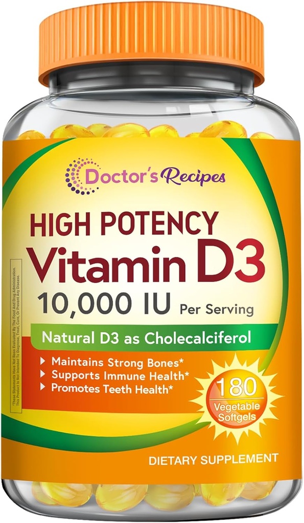 Doctor 's Opskrifter Vitamin D3 10000 IE, Bones, tænder, og immunforsvar, Non- GMO, Ingen Gelatine, Gluten eller Soy, 90 dages forsyning, 180 vegetariske bløddele