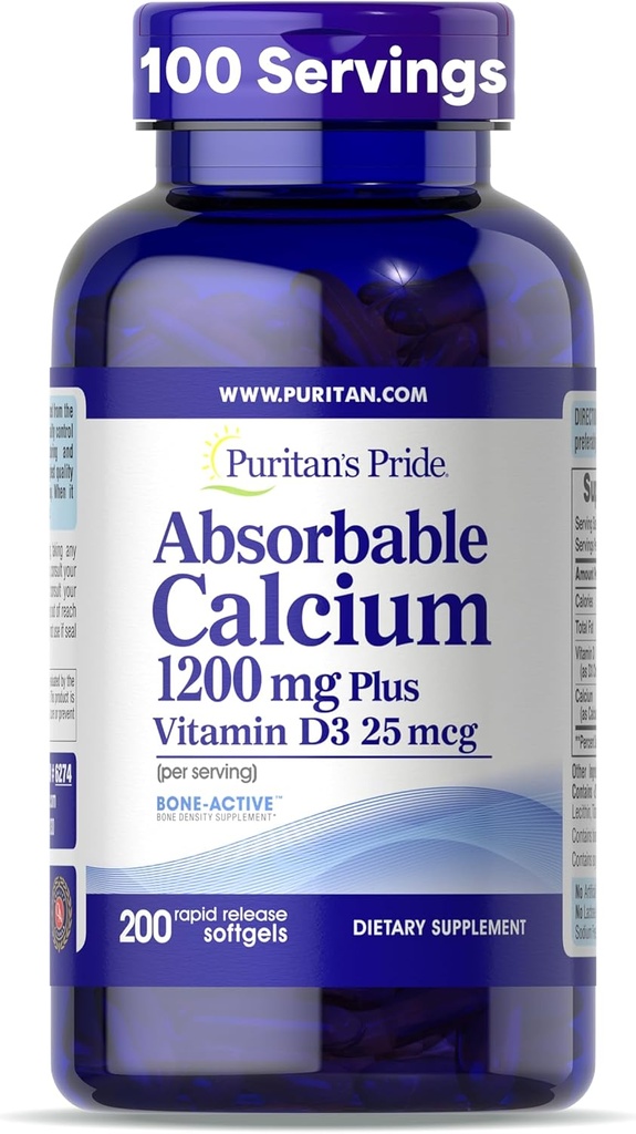 Puritans Pride Absorbable Calcium 1200 mg Plus D3 25mcg 1000 IE med Bone- Active ™, 200 Rapid Release Softels