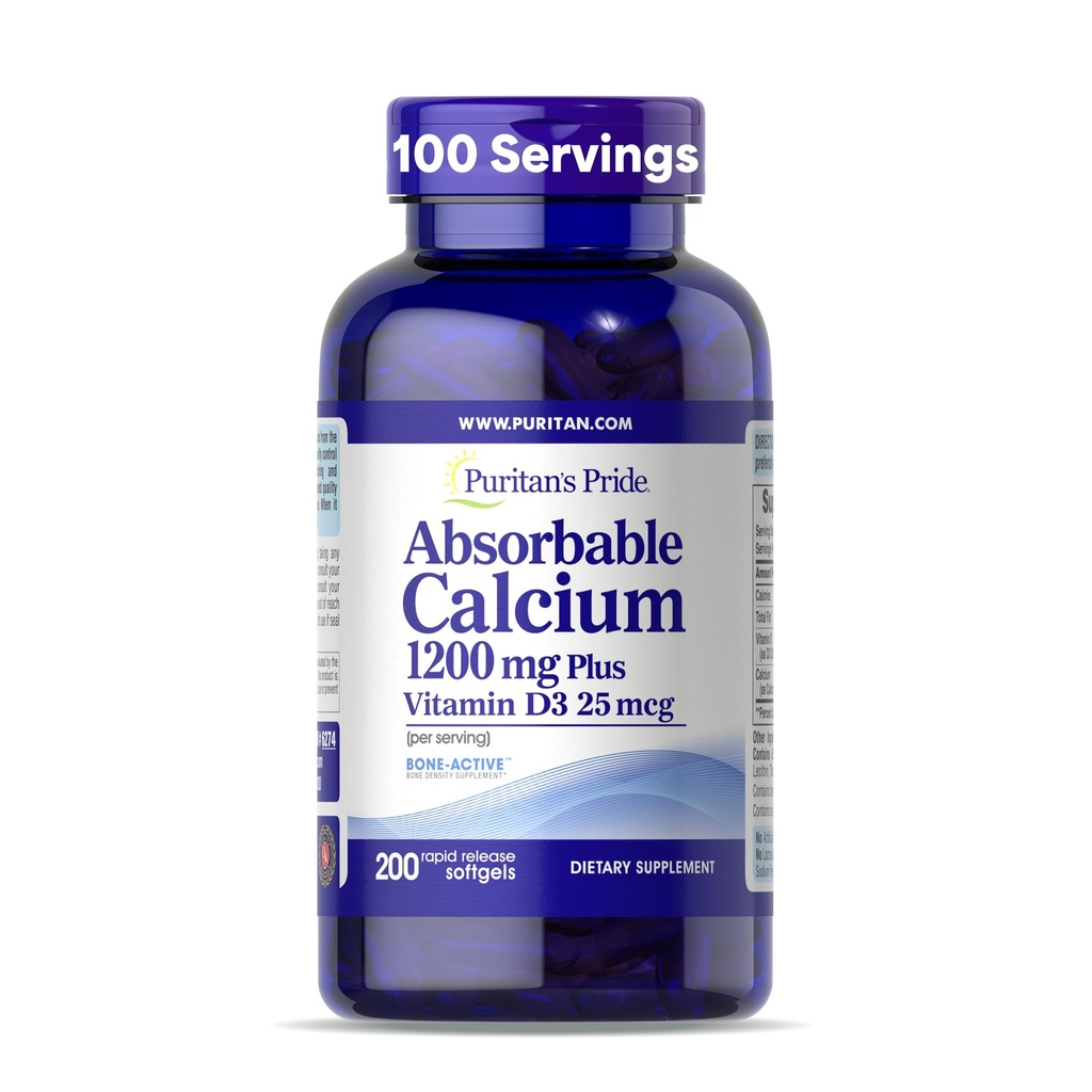 Puritans Pride Absorbable Calcium 1200 mg Plus D3 25mcg 1000 IE med Bone- Active ™, 200 Rapid Release Softels