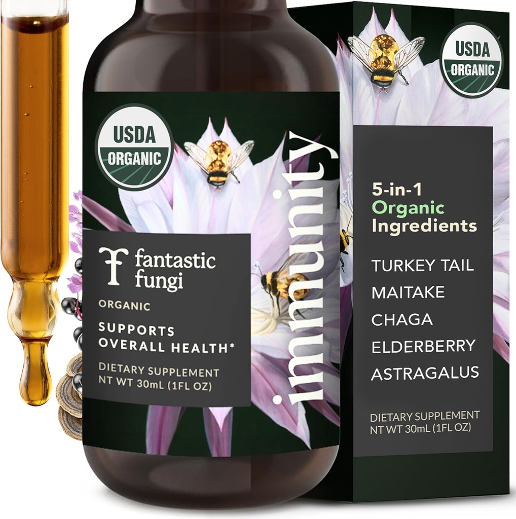 Fantastic Fungi Mushroom Extract Drops - Immunity Elixir med Tyrkiet Tail Mushroom Extract, Maitake, Elderberries, Chaga & Astragalus - 5--1 Økologisk immunforsvar Support, 30 Servering, 1 fl oz