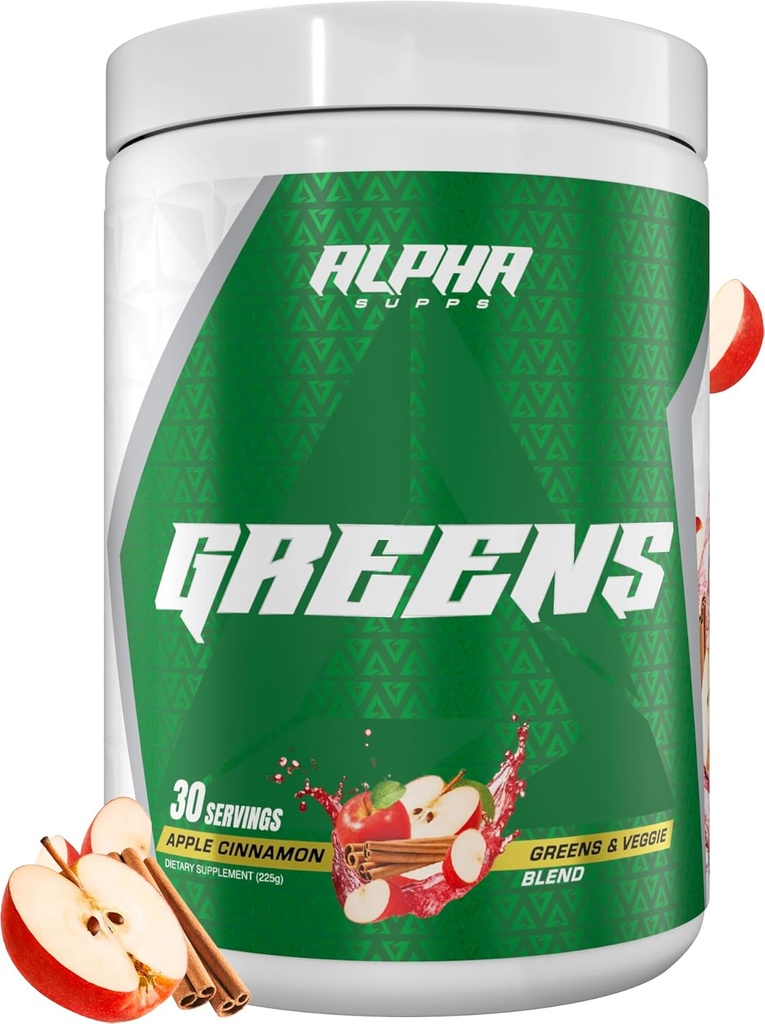 Alpha supps - Alpha Green Supplement â 124; Frugt & Vegetabilsk superfood pulver â 124; Over 40 naturlige plante baserede ingredienser â 124; Prebiotic & Probiotic fordøjelsesfremmende støtte Blend - 30 Serveringer (Apple Kanel)
