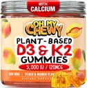 Center- fyldt D3 K2 Gummies - Børn, Teens & Voksne - Supplement for sunde tænder, Knogler, Energi & Immunitet - 5000 IE D3, 120 mcg K2 (MK- 7), 120 mg Calcium - Vegan & non- GMO - 120 Tæl