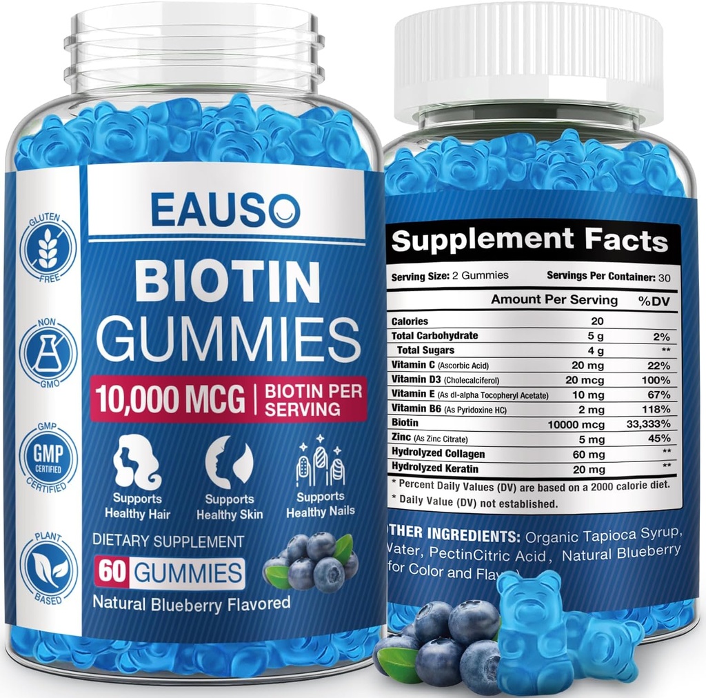 Ekstra styrke Biotin Gummies 10,000mcg for stærkere hår, hud & negle - 60 Gummies - Vegan, non-GMO, sundhed supplement