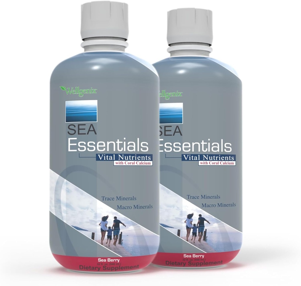 Wellgenix Sea Essentials Nutritional Multivitamin Supplement - Liquid Coral Calcium, Trace & Macro Minerals, 1 Oz Daily, Sea Berry Flavor - for mænd og kvinder, voksne & børn, 32 Fl Oz (pakke med 2)