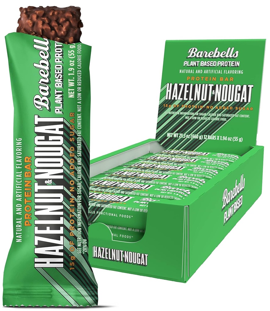 Barebells Vegan Protein Bars Hasselnut & Nougat - 12 Greve, 1.9oz Barer - Funktioner Plant baseret Protein Bar med 15 g protein - Chokolade Protein Snacks med kun 1 g af alt sukkerarter - Ideel til