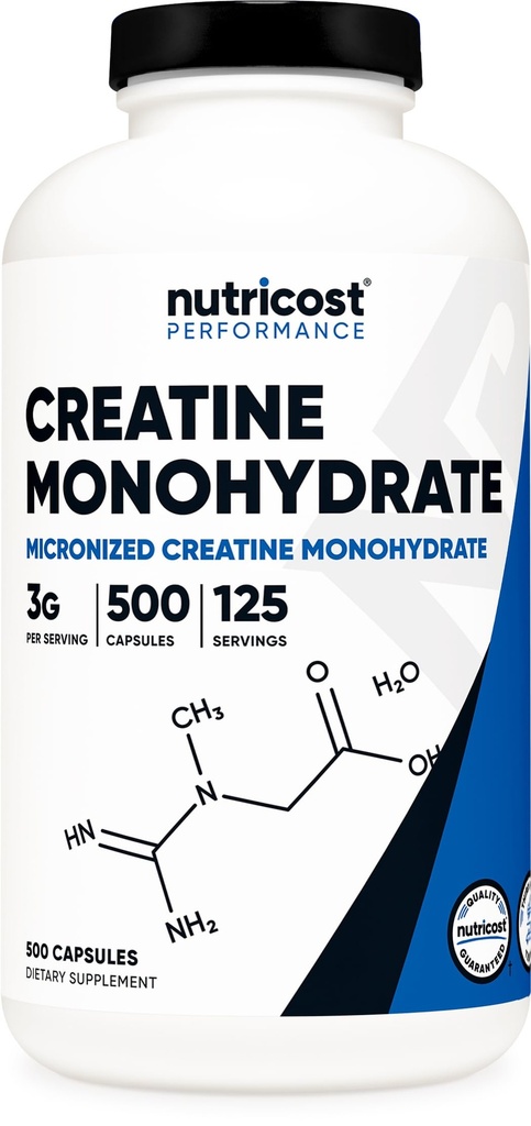 Nutricost Mikroniseret Creatinmonohydrat 3,000mg 500 Kapsler, 125 Servering, 750mg Creatinmonohydrat Per Kapsel
