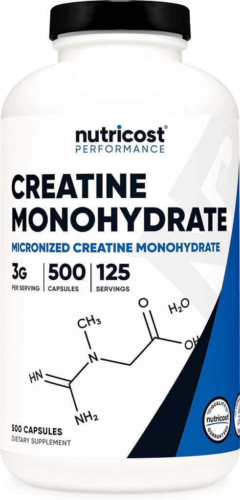 Nutricost Mikroniseret Creatinmonohydrat 3,000mg 500 Kapsler, 125 Servering, 750mg Creatinmonohydrat Per Kapsel