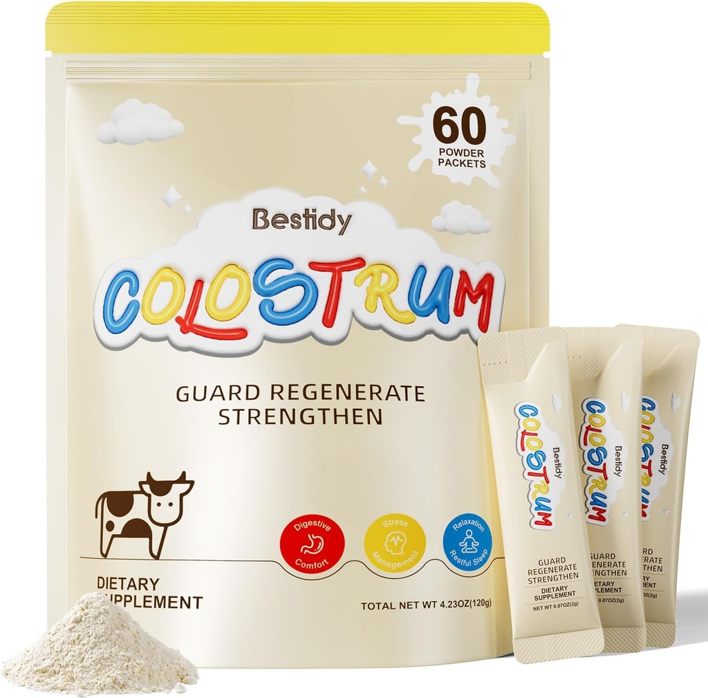 Bestidy Colostrum Supplement, Colostrum Pulver til Gut, Hårvækst, Skønhed, Individuelt pakket, Natural Superfood Bovine Colostrum Powder, (60 Servere) 4.23 Oz