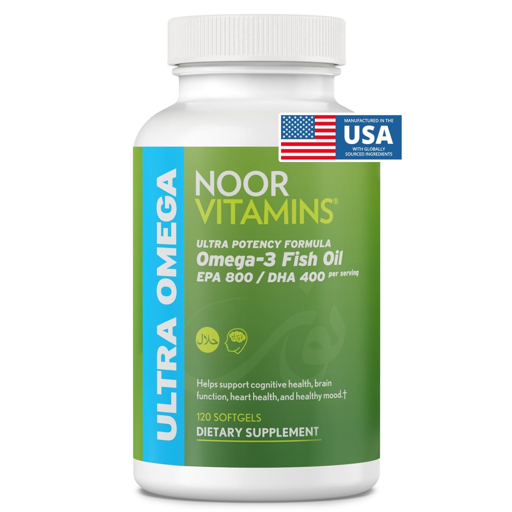 Noor Vitamin Halal Fish Oil, Halal Vitamin, Ultra Omega 3 Wild Peruvian Fish (800 mg EPA & 400 mg DHA) Heart, Brain & Joint Support, Non- GMO og Gluten Free (120 Greve)