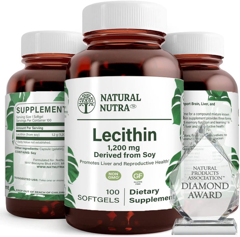 Naturlig Nutra Soy Lecithin 1200 mg Kosttilskud - Hjerne funktion, Lever sundhed, Hepls Brystsundhed, hukommelse boosting supplement - Gluten- fri, BPA- fri, 100 Softgels i genanvendelige glasflasker