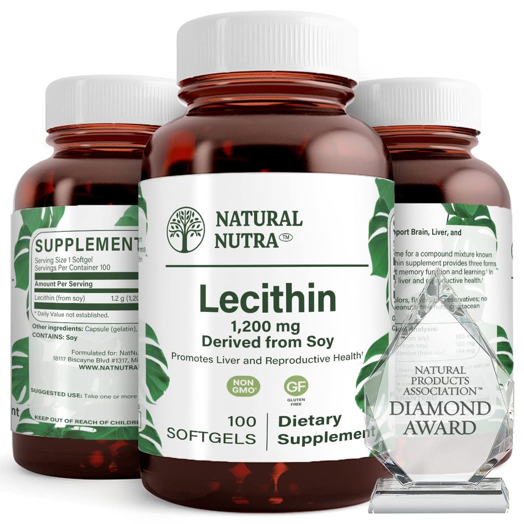 Naturlig Nutra Soy Lecithin 1200 mg Kosttilskud - Hjerne funktion, Lever sundhed, Hepls Brystsundhed, hukommelse boosting supplement - Gluten- fri, BPA- fri, 100 Softgels i genanvendelige glasflasker