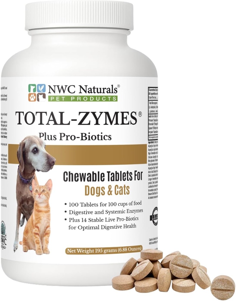 NWC Naturals Total- Zymes Plus Vegetarisk fordøjelsesenzymer til hunde & katte, Understøtter en sund fordøjelsesproces & immunsystem, Avanceret probiotika & Prebiotika - 100 tyggetabletter