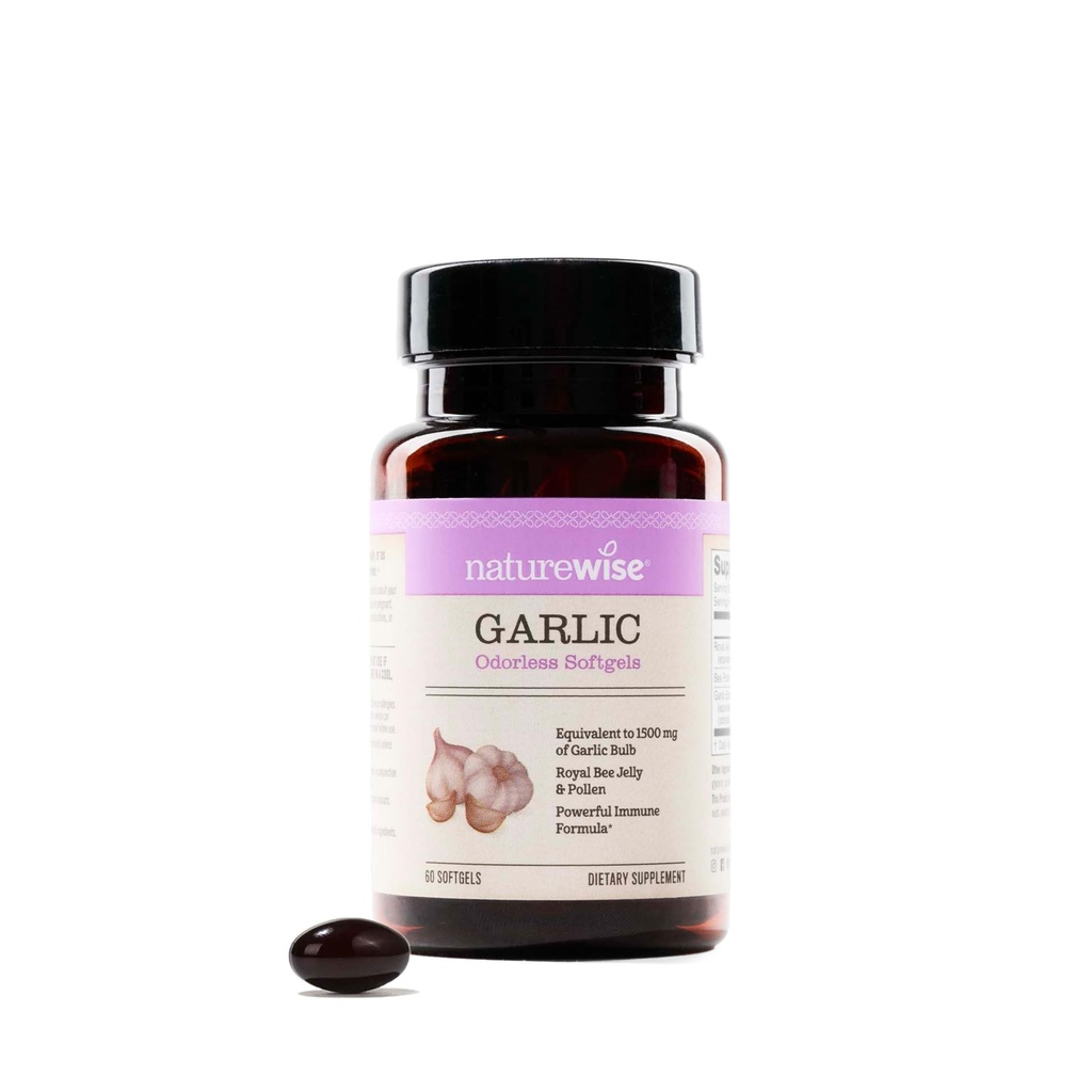 NatureWise Odorless hvidløg piller - med Royal Bee Jelly & Pollen - Urtetilskud for hjerte sundhed + immunsystem + antioxidanter - Gluten Free, Non- GMO - 60 Softgels [2-måned Supply]