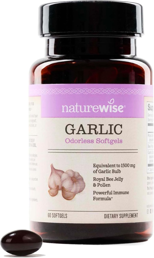 NatureWise Odorless hvidløg piller - med Royal Bee Jelly & Pollen - Urtetilskud for hjerte sundhed + immunsystem + antioxidanter - Gluten Free, Non- GMO - 60 Softgels [2-måned Supply]