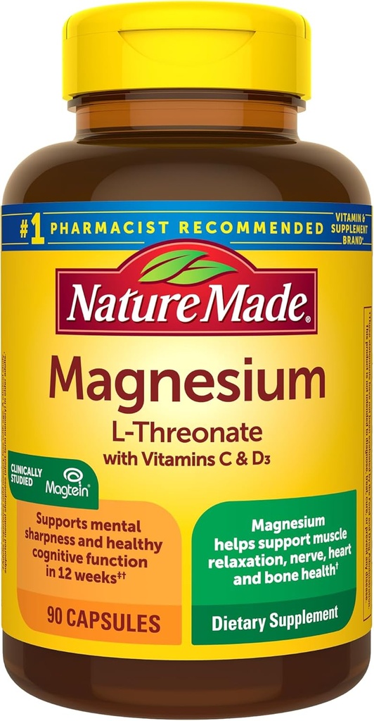 Nature Made Magnesium L- Threonate med vitamin C & vitamin D3, giver 130 mg Mag fra 1800 mg Magnesium L Threonate, Kognitiv Support Magnesium supplement, 90 kapsler, 30 dages forsyning