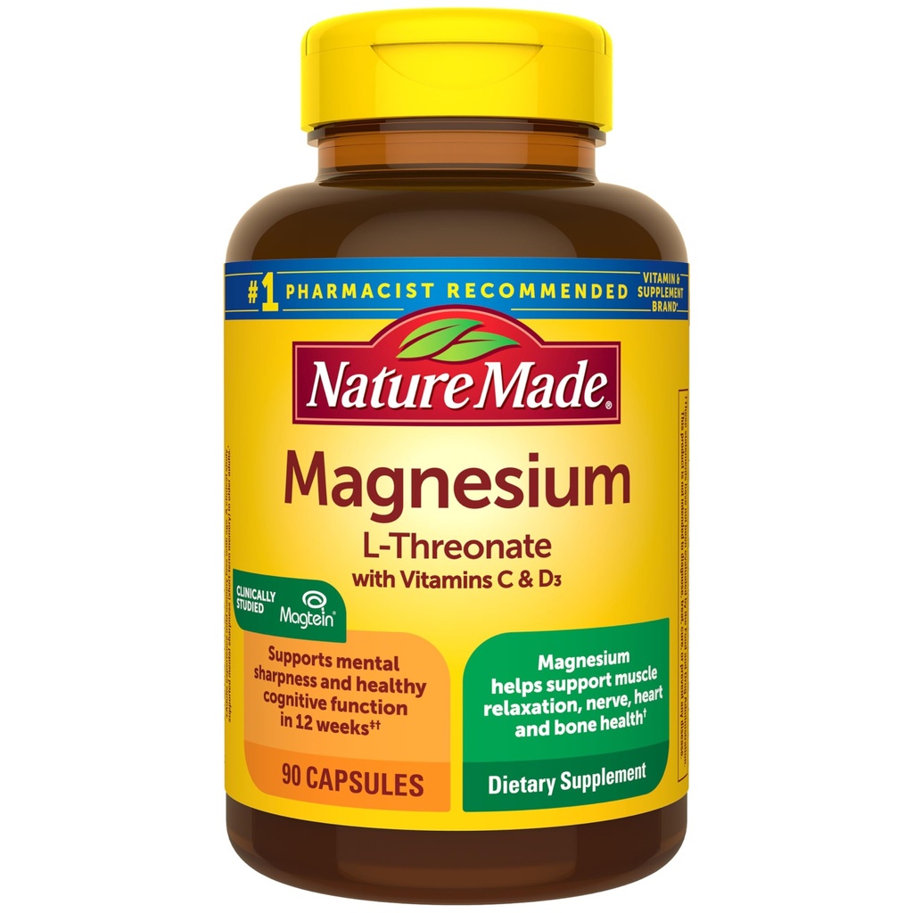 Nature Made Magnesium L-Threonate with Vitamin C & Vitamin D3, Provides 130 mg of Mag from 1800 mg Magnesium L Threonate, Cognitive Support Magnesium Supplement, 90 Capsules, 30 Day Supply