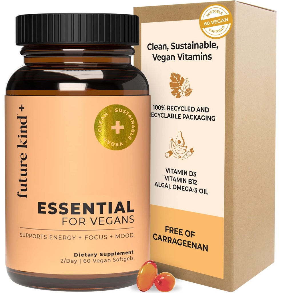 Future Kind Vegan Multivitaminer - Glasflaske & Lavet til Vegans med Omega 3 DHA, EPA, B12 Vitamin & D3 til energi, Focus, & Mood (60 Softgel)