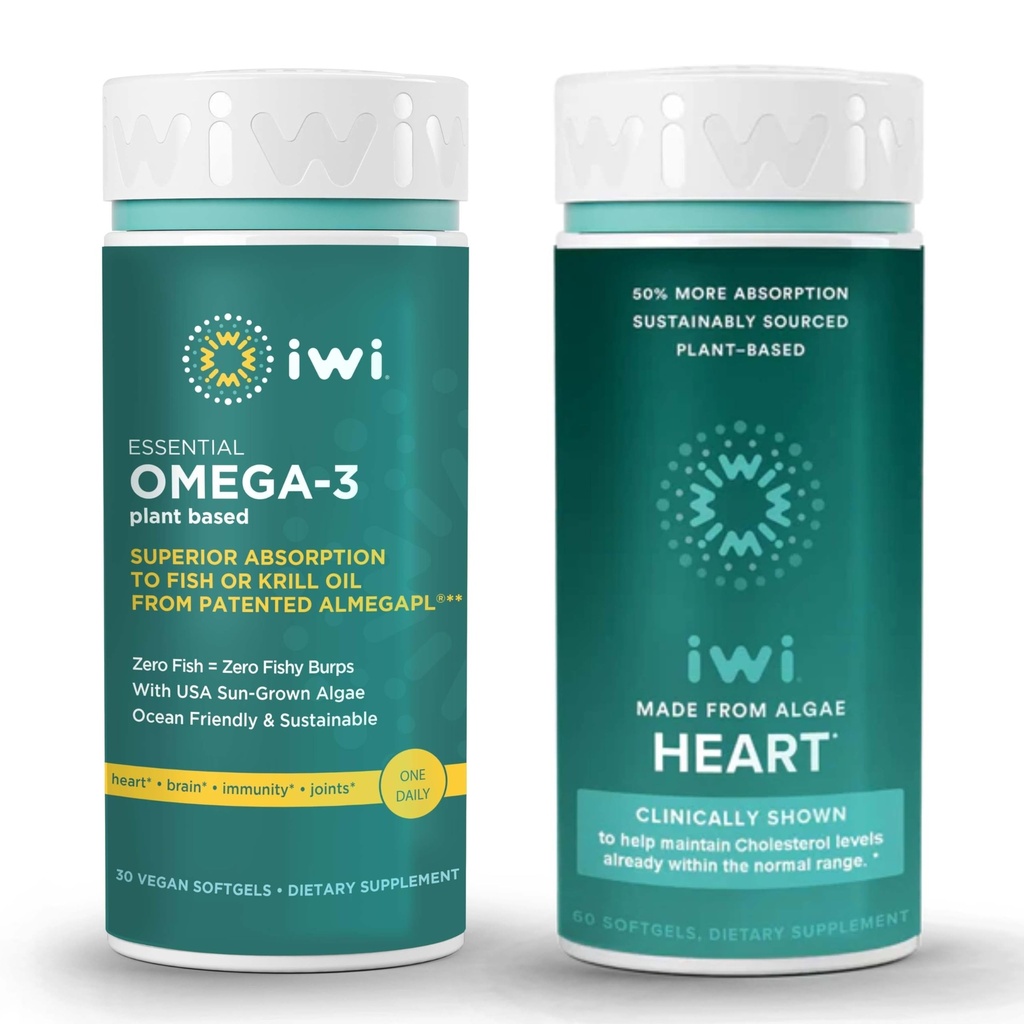Iwi Omega-3 Essential & Heart Omega-3 Bundle, 30 Servering, Vegan Plant- baseret Alger Omega 3, Krill & Fish Oil Alternative, Ingen Fishy Eftersmag