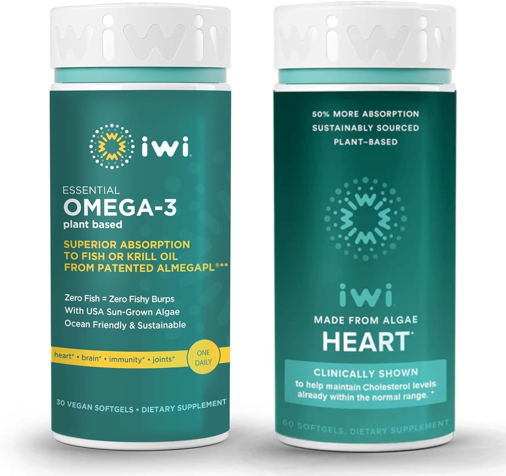 Iwi Omega-3 Essential & Heart Omega-3 Bundle, 30 Servering, Vegan Plant- baseret Alger Omega 3, Krill & Fish Oil Alternative, Ingen Fishy Eftersmag