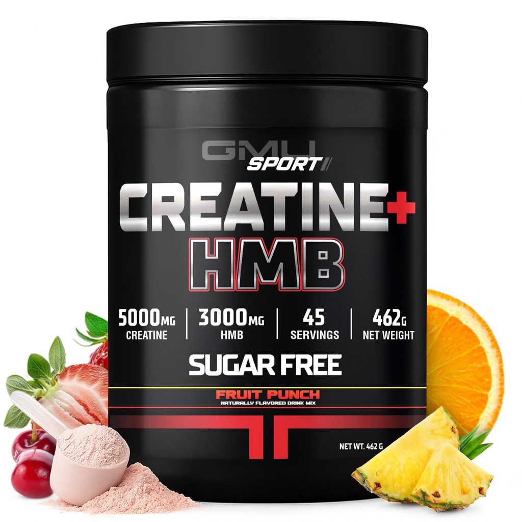 GMU SPORT - Kreatinemonohydrat med HMB Powder - 45 Serveringer, Creatin HMB Kosttilskud, Kreatin med HMB for øget styrke, muskelvækst & forbedret energi, 3G HMB / Fruit Punch