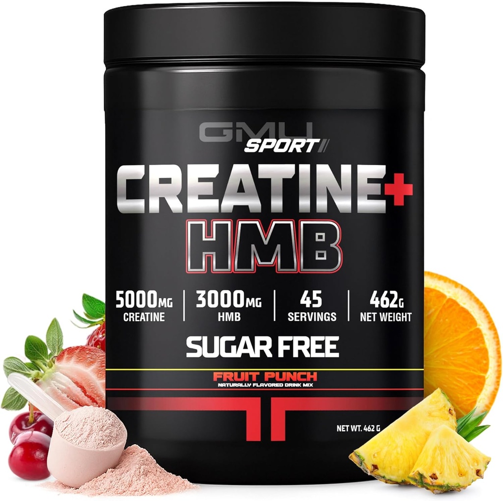 GMU SPORT - Kreatinemonohydrat med HMB Powder - 45 Serveringer, Creatin HMB Kosttilskud, Kreatin med HMB for øget styrke, muskelvækst & forbedret energi, 3G HMB / Fruit Punch