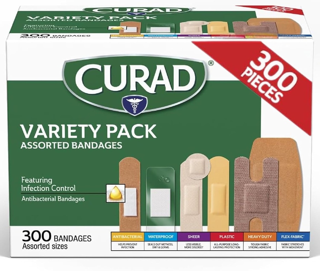 CURAD Assorterede Bandage Variety Pack, 300 Greve, 6 Styler herunder Antibakterielle, Vandtæt, Sheer, Plastic, Heavy Duty & Flex- Fabric, Beskytter Scrapes, Cuts & Burns, Latex- Free