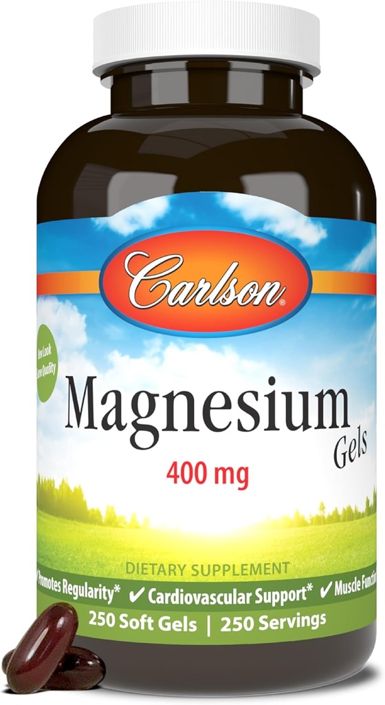 Carlson - Magnesium Gels, 400 mg Magnesium per Softgel, Heart & Muscle Support, Magnesium Gel Caps, tarmfunktion, Magnesium Supplement, 250 Softgel