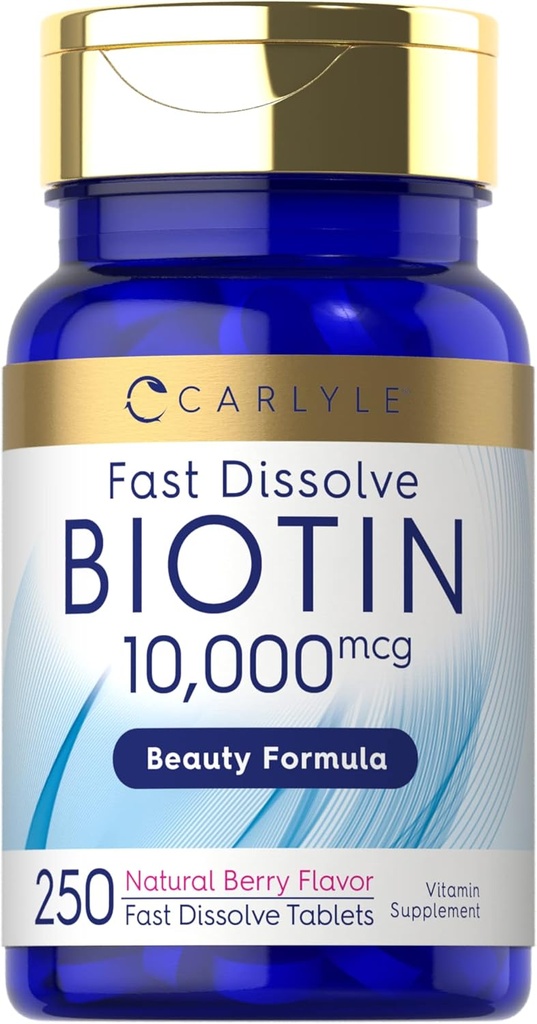 Carlyle Biotin 10000mcg | 250 Fast Dissolve Tablets | Max Strength | Vegetarian, Non-GMO, Gluten Free Supplement