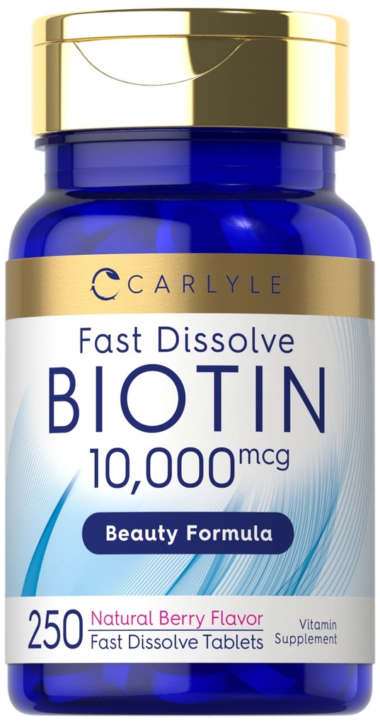 Carlyle Biotin 10000mcg- 124; 250 Fast Opløs tablets - 124; Max Strength - 124; Vegetar, Non- GMO, Gluten Free Supplement