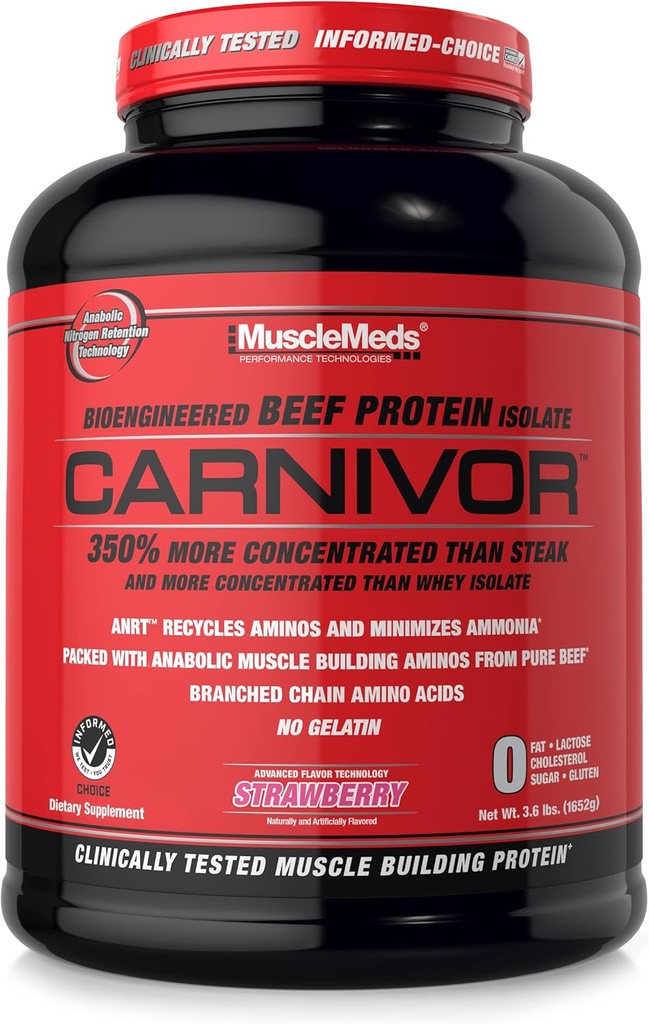 MuscleMeds Carnivor Beef Protein Isolate, 0 Lactose, 0 Sukker, 0 Fedt, Halal Certified, Jordbær, 3.9lb, 56 Servering, 3.9lb