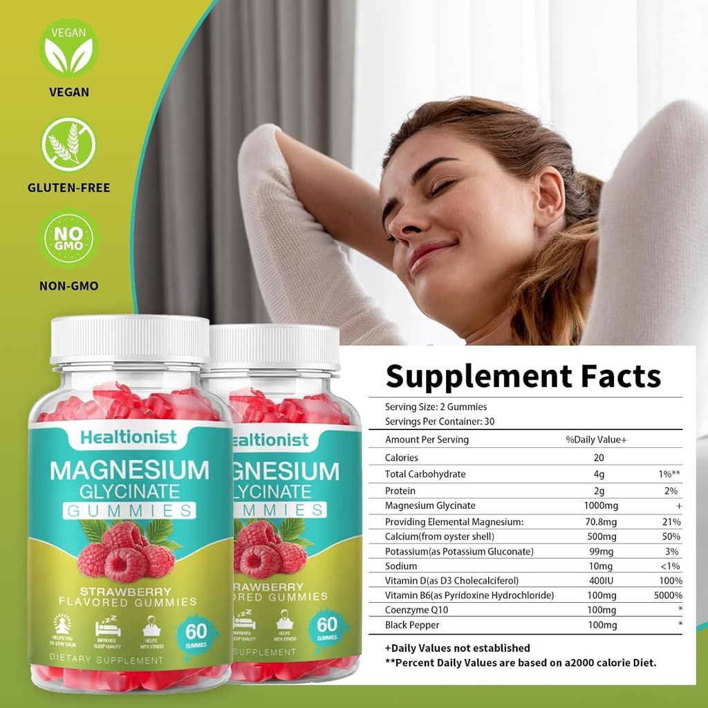 1 Pack Magnesium Glycinate Gummies for Adults & Kids, Best Magnesium Supplement Gummy for Sleep, Stress & Muscle Relief & Nerve Health, 60 Counts Calm Gummies