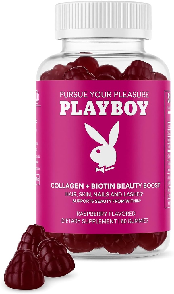 Playboy - Collagen + Biotin Beauty Boost Gummies for Hår, Hud, Nails & Lass (60 Gummies) - Raspberry Flavored Biotin & Collagen Supplement for kvinder & mænd - Non- GMO, Gluten Free, Nut Free Gummy