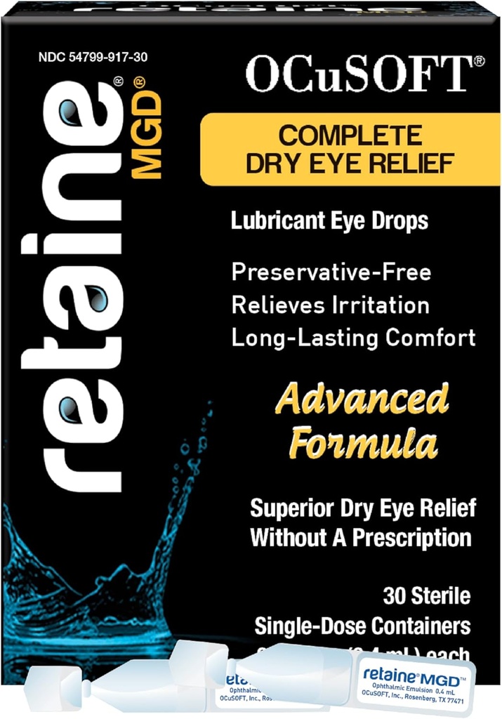 OcuSOFT Retaine MGD Ophthalmic Emulsion - Komplet tør øje Relief - Lindrer røde & Irriterede øjne - 30 Count Preservative- Gratis Single- Use Containers - 0,01 Fl Oz