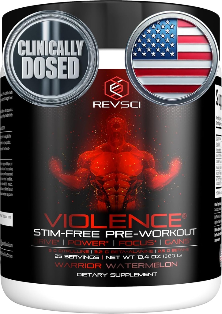 VIOLENCE Stim Free Pre Workout Powder by REVLAF, Præcision Doseret Non Stim Preworkout Pump Pre Workout Coffein Free Pre Workout Powder, Pump Supplement & Stimulant Free Nitro, Watermelon, 25 Servere
