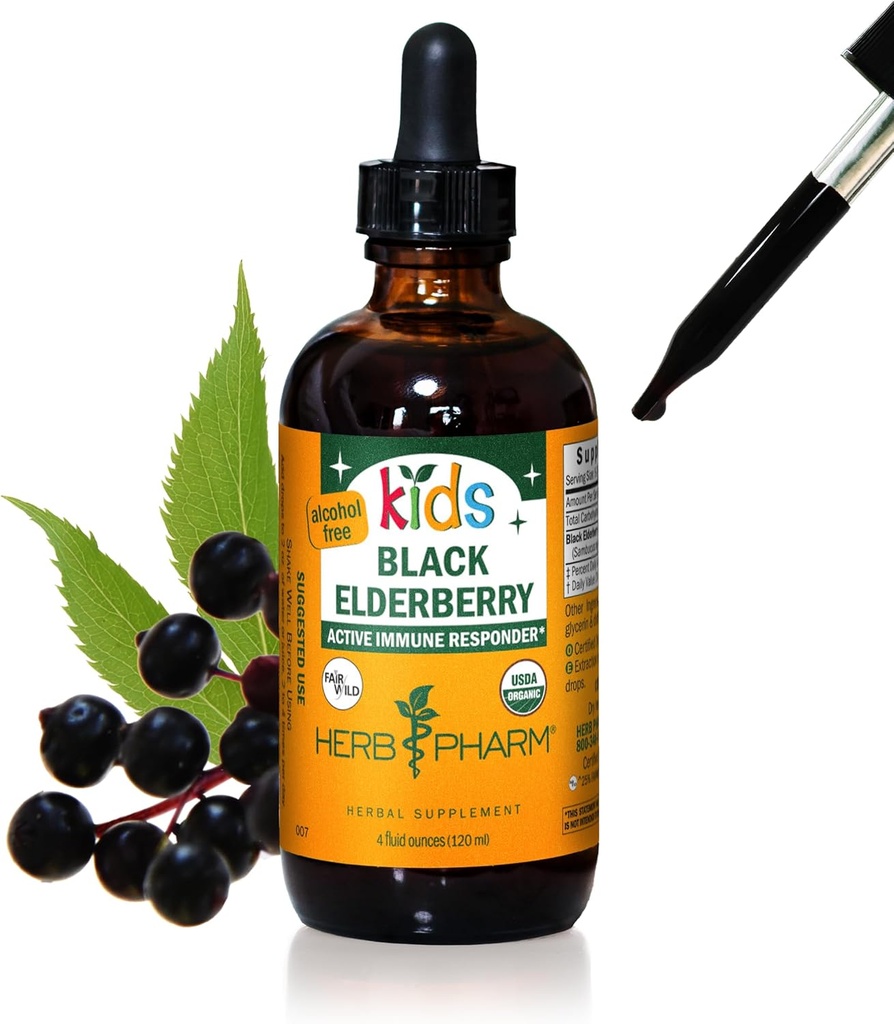 Herb Pharm Kids Certified- Organic Alkohol- Free Black Elderberry Glycerite Liquid Extract, 4 Ounce