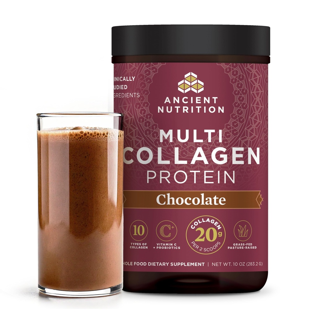 Ancient Nutrition Collagen Peptider Powder, Multi Collagen Protein, Kvinder & Mænd, C-vitamin, Probiotika, Hydrolyseret Collagen, Understøtter hud, Joints, Gut Sundhed, Chokolade, 24 Tjenester