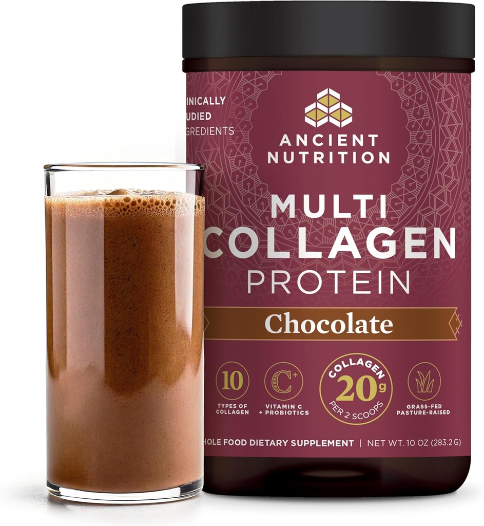 Ancient Nutrition Collagen Peptider Powder, Multi Collagen Protein, Kvinder & Mænd, C-vitamin, Probiotika, Hydrolyseret Collagen, Understøtter hud, Joints, Gut Sundhed, Chokolade, 24 Tjenester