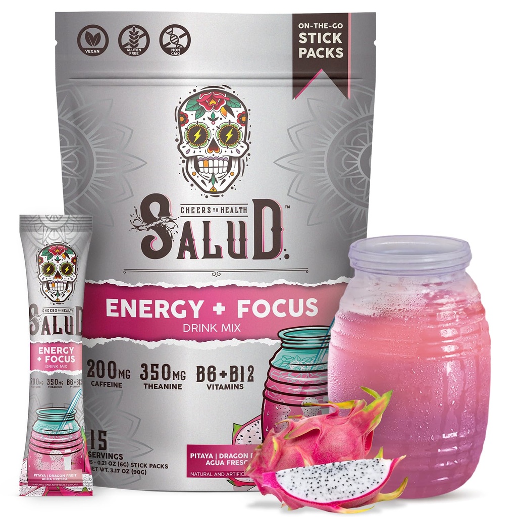 Salud 2-in-1 Energy Drink Powder + Focus, Dragon Fruit, Organic Coffein, B6 + B12, Theanine, Clean Energy Drink Pacets, Pitaya Agua Fresca Mix, Non- GMO, Gluten Free, Vegan, 1g sukker, (15 Servere)