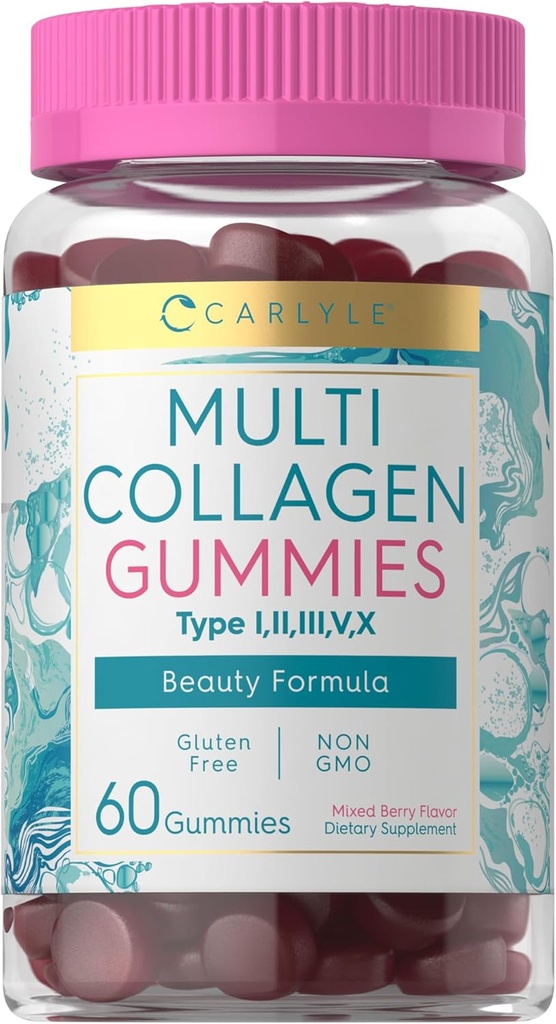 Carlyle Collagen Gummy; 60 Greve og 124; Multi Collagen Complex; 124; Beauty Formel Supplements 124; Blandet Berry Flavor; 124; Non-GMO, Gluten Free