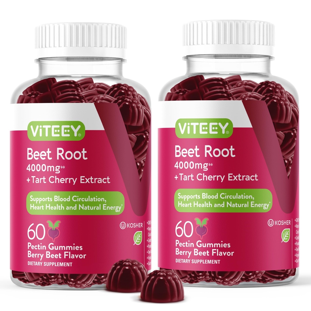 Viteey Beet Root Gummies med Tart Cherry - Beetroot supplement til hjertesundhed, Blodtrykssupport - Vegan, Gluten- Free - 120 Greve